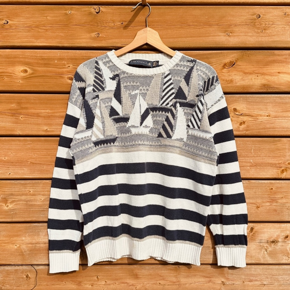 Vintage Crossings Cotton Crewneck Sweater - nautical theme - Size M